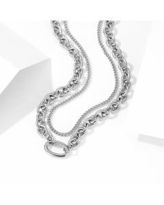 New Multi-Layer Chain Circle Stainless Steel Necklace Bracelet Gold-Plated-Steel Color-01