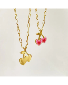 Summer Vacuum Electroplating 18K Real Gold Titanium Steel Gold Pink Cherry Pendant Necklace 
