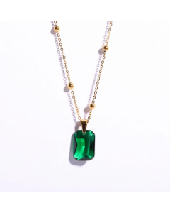 Fashion Natural Stone Stainless Steel Retro Emerald Inlaid Zircon Pendant Necklace