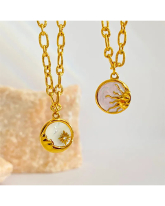 Retro Three-Dimensional Sun Moon Round Coin Necklace Mother Shell Pendant Ornaments Titanium Steel Furnace Real Gold Plating 18K