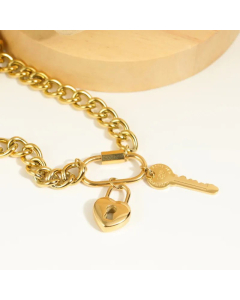 New Fashion Lock Core Key Heart Pendant Necklace Electroplated 18K Gold Titanium Steel 