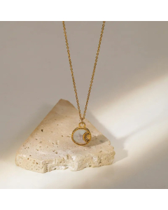 Fashion 18K Gold Plated Round White Shell Moon Necklace Stainless Steel
