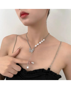 2023 New Zircon Butterfly Short Necklace Pearl Stitching Chain Stainless Steel