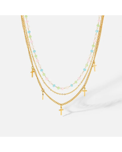Fashion Colored Bead Titanium Steel Chain Cross Tassel Pendant Three-Layer 18K Gold-Plated Stainless Steel Necklace_colorza_2
