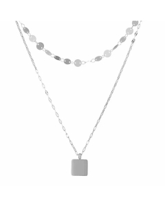 Ethnic Style Double-Layer Clavicle Chain Square Metal Pendant Necklace Stainless Steel 
