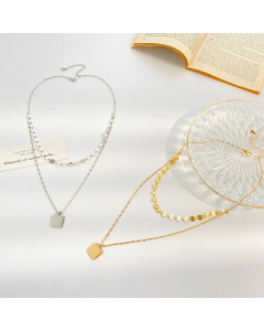 Ethnic Style Double-Layer Clavicle Chain Square Metal Pendant Necklace Stainless Steel 