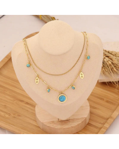 Flower Double Layer Turquoise Zircon Necklace Stainless Steel