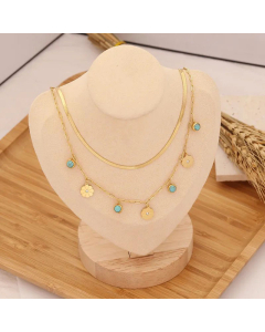 Flower Double Layer Turquoise Zircon Necklace Stainless Steel