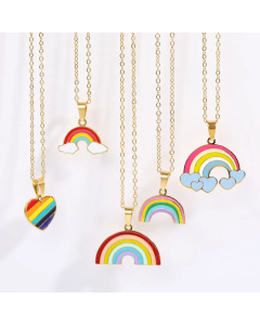 Fashion Heart Pendant Stainless Steel Sweet Cute Drop Oil Rainbow Necklace