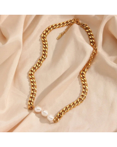 Fashion 18K Gold Plated Stainless Steel Three Freshwater Pearls Cuban Link Chain Necklace