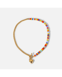 INS Style Female Colorful Ceramic Beaded Stitching Cuban Link Chain 18K Gold OT Buckle Love Pendant Stainless Steel Necklace  