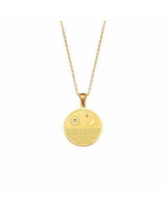Fashion Round Sun Moon Necklace Plated 18K Gold Stainless Steel 