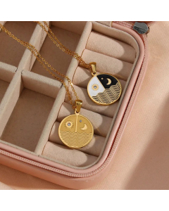 Fashion Round Sun Moon Necklace Plated 18K Gold Stainless Steel 
