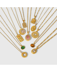 Vintage Style Inlaid Color Crystal Zircon Pendant 18K Gold Plated Stainless Steel Necklace