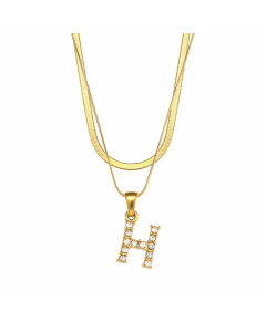 Fashion 26 Zircon Letter Stainless Steel 18K Gold Plated Double-Layer Chain Necklace