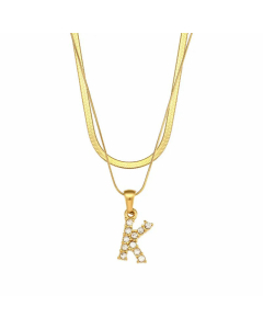 Fashion 26 Zircon Letter Stainless Steel 18K Gold Plated Double-Layer Chain Necklace