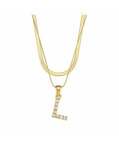 Fashion 26 Zircon Letter Stainless Steel 18K Gold Plated Double-Layer Chain Necklace