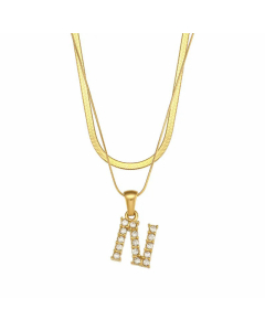 Fashion 26 Zircon Letter Stainless Steel 18K Gold Plated Double-Layer Chain Necklace