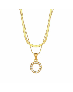 Fashion 26 Zircon Letter Stainless Steel 18K Gold Plated Double-Layer Chain Necklace