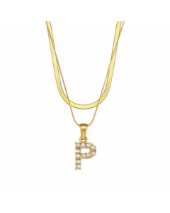 Fashion 26 Zircon Letter Stainless Steel 18K Gold Plated Double-Layer Chain Necklace