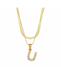 Fashion 26 Zircon Letter Stainless Steel 18K Gold Plated Double-Layer Chain Necklace