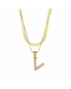Fashion 26 Zircon Letter Stainless Steel 18K Gold Plated Double-Layer Chain Necklace