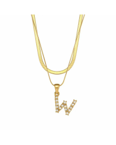 Fashion 26 Zircon Letter Stainless Steel 18K Gold Plated Double-Layer Chain Necklace