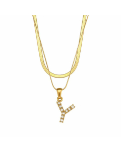 Fashion 26 Zircon Letter Stainless Steel 18K Gold Plated Double-Layer Chain Necklace