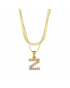 Fashion 26 Zircon Letter Stainless Steel 18K Gold Plated Double-Layer Chain Necklace