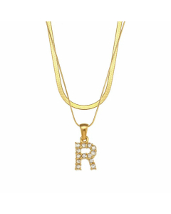 Fashion 26 Zircon Letter Stainless Steel 18K Gold Plated Double-Layer Chain Necklace