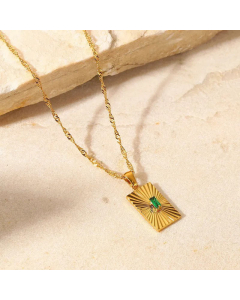 Fashion Retro Emerald Stainless Steel Zircon Inlaid Flower Rectangular Pendant Necklace