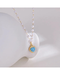 Fashion Women's Pearl Heart Blue Turquoise Clavicle Chain Stainless Steel Necklace