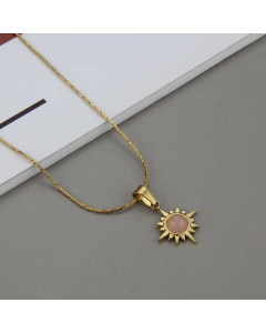 Retro Natural Stone Color Eight Awn Star Necklace Titanium Steel Earrings Multicolors-01-Pink