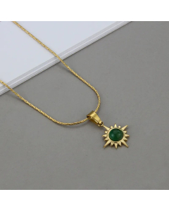 Retro Natural Stone Color Eight Awn Star Necklace Titanium Steel Earrings Multicolors-01-Green