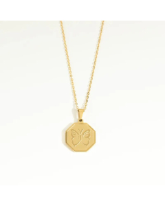 Fashion Golden Electroplate Hexagon With Butterfly Pattern Pendant Stainless Steel Necklace
