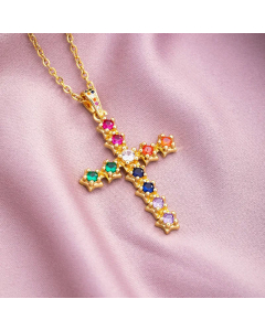 Fashion Micro Inlaid Colorful Zircon Stainless Steel Simple Cross Pendant Copper Necklace