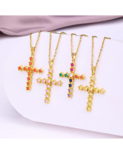 Fashion Micro Inlaid Colorful Zircon Stainless Steel Simple Cross Pendant Copper Necklace