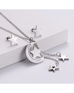 Fashion Moon Star Tassel Pendant Stainless Steel Necklace Earring Suit