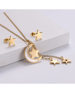 Fashion Moon Star Tassel Pendant Stainless Steel Necklace Earring Suit