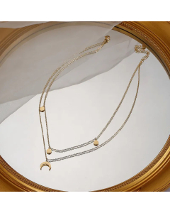 Fashion New Double-Layer Wafer Moon Pendant Necklace Titanium Steel