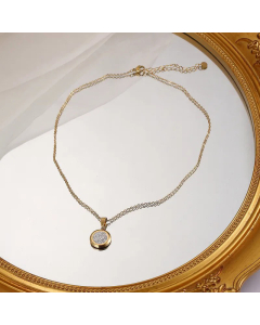 Fashion Round Jeweled Pendant Stainless Steel 14K Gold Necklace Women