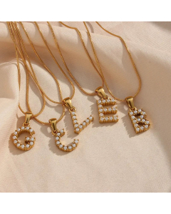 Temperament 26 Letter Plating Inlaid Pearls Stainless Steel Pearl Necklace