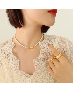 Fashion Flowers Plating Pearl Necklace OT Buckle Titanium Steel