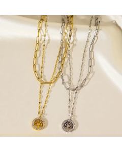 Double-Layer Titanium Steel Simple Hollow Round Tree Pendant Necklace