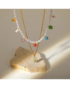 New Style Colored Glaze Flower Pearl Double-Layer Pendant Necklace 18K Gold Plated Stainless Steel 