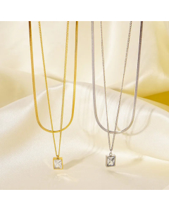 Double-Layer Snake Bone Chain Titanium Steel Square Diamond Pendant Necklace