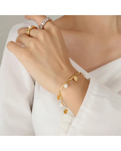 Women Fashion Plating Pearl Stainless Steel Leaf Titanium Steel Choker Necklaces
