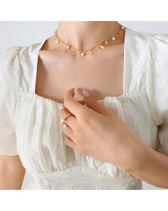 Women Fashion Plating Pearl Stainless Steel Leaf Titanium Steel Choker Necklaces
