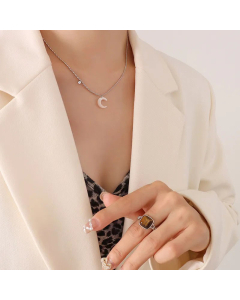 Women Plating Zircon Stainless Steel Necklaces Fashion Geometric Moon Titanium Steel Necklace 