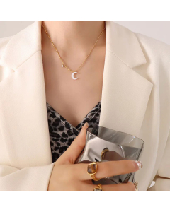 Women Plating Zircon Stainless Steel Necklaces Fashion Geometric Moon Titanium Steel Necklace 